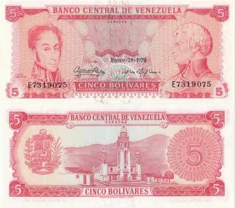 1974 (29 January), 5 Bolívares (P-50h.1) - Venezuela