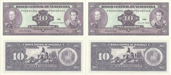 1995 (5 June), 10 Bolivares (P-61d) - Venezuela (×2)