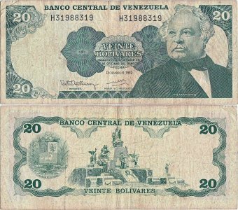 1992 (8 December), 20 Bolivares (P-63d) - Venezuela