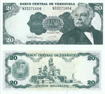 1992 ( 8 December ) , 20 bolivares ( P-63d ) - Venezuela