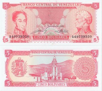 1989 (21 September), 5 Bolívares (P-70b) - Venezuela