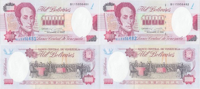 1992 (8 December), 1,000 Bolívares (P-73c) - Venezuela (×2)