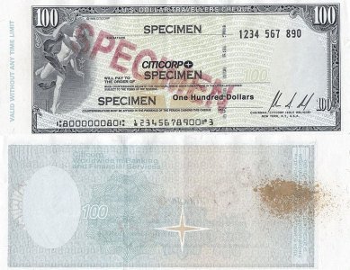 1996, CEC de călătorie de 100 dollars, SPECIMEN (Banca CITICORP) - Statele Unite ale Americii