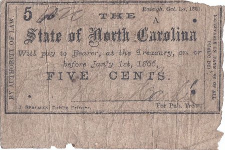 1861 (1 Octombrie), 5 cents (Criswell, NC58) - Carolina de Nord (Statele Unite ale Americii)