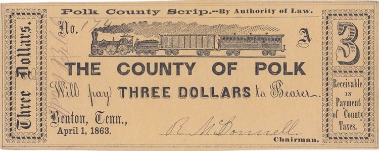 1863 (1 Aprilie), 3 dollars - Polk County (Statele Unite ale Americii)