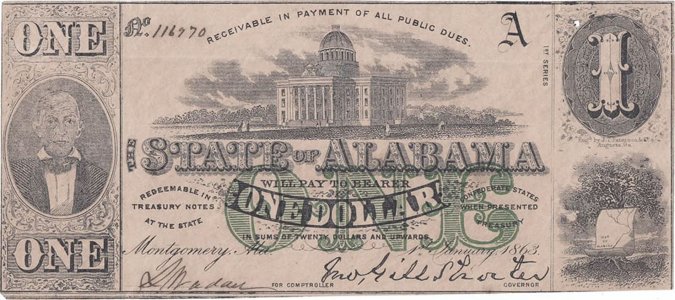 1863 (1 Ianuarie), 1 dollar (P-S213a) - Alabama (Statele Unite ale Americii)