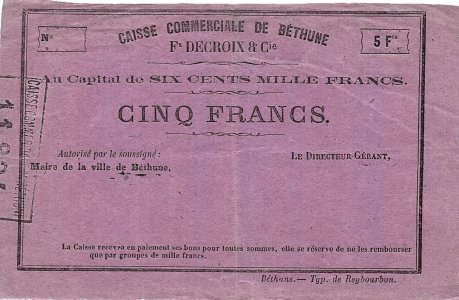 1870, 5 francs (JER.62.03a) - France (Béthune)