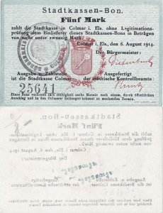 1914 (6 August), 5 mark (Geiger-068-72) - France (Stadtkassen-Bons, Colmar)