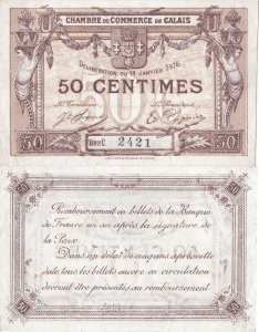 1916 (14 Ianuarie), 50 centimes (Jean Pirot JP-036-28) - Franța (Calais)
