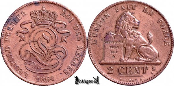 1864, 2 Centimes - Leopold I - Regatul Belgiei