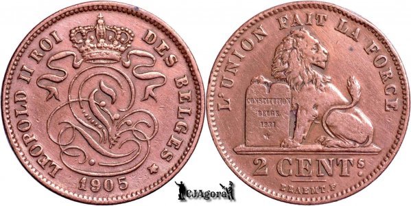 1905, 2 Centimes - Leopold al II-lea - Regatul Belgiei - inscripție franceză