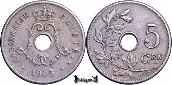 1905, 5 Centimes - Leopold al II-lea - Regatul Belgiei - inscripție olandeză