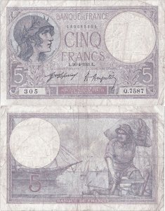 1921 (26 April), 5 francs (P-72b.2) - France