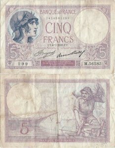 1933 (6 Iulie), 5 Francs (P-72e.9) - Franţa