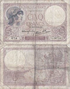1939 (20 Iulie), 5 francs (P-83a.2) - Franța
