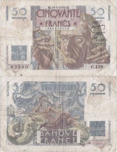 1949 (19 May) , 50 francs ( P-127b.5 ) - France