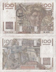 1952 (7 Februarie), 100 francs (P-128d.2) - Franța
