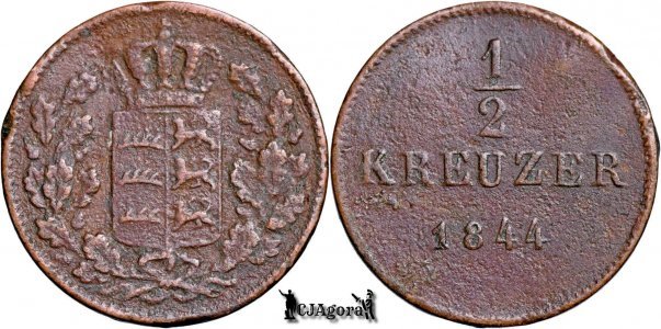 1844, ½ Kreuzer - William I - Kingdom of Württemberg
