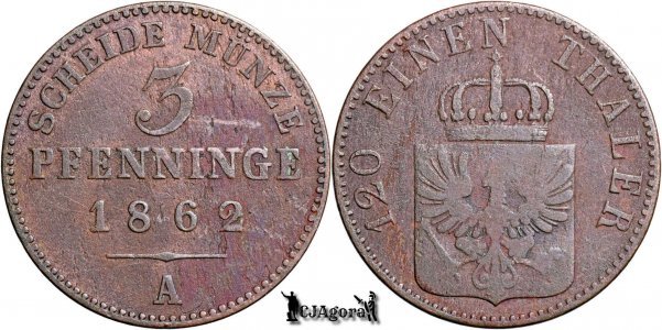 1862 A, 3 Pfenninge - Wilhelm I - Regatul Prusiei