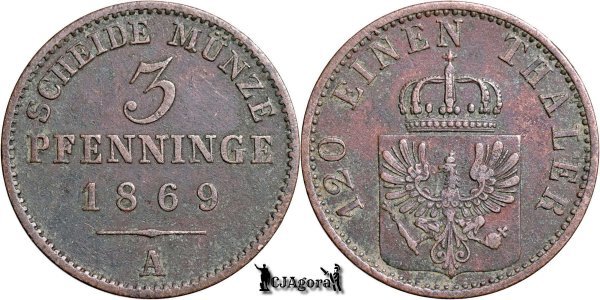 1869 A, 3 Pfenninge - William I  - Kingdom of Prussia