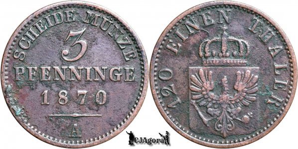 1870 A, 3 Pfenninge - Wilhelm I - Regatul Prusiei