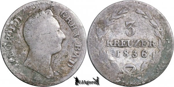 1836, 3 Kreuzer - Leopold I - Marele Ducat de Baden