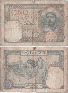 1941 (15 Martie) , 5 francs (P-77b.6) - Algeria