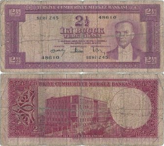 1957 (1 July), 2½ turkish lira (P-152a) - Turkey