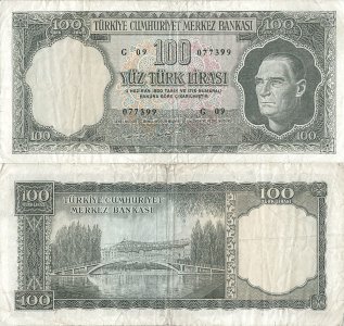 1969 (17 March), 100 turkish lira (P-176f) - Turkey