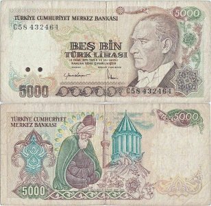 1985, 5,000 turkish lira (P-197a.1) - Turkey