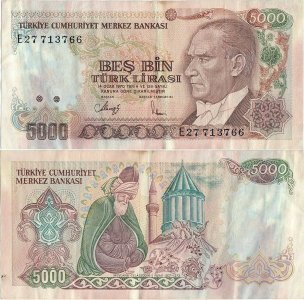 1988, 5.000 turkish lira (P-197a.2) - Turkey