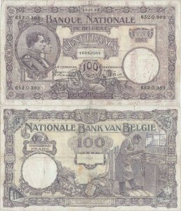 1923 (10 July), 100 Francs (P-95a.3) - Belgium