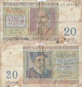 1950 (1 Iulie), 20 Francs (P-132a) - Belgia