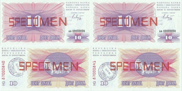 1992 (1 Iulie), 10 dinara (P-10s) - Bosnia și Herțegovina (×2)