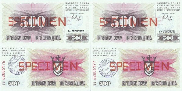 1992 (1 Iulie) , 500 dinara (P-14s) - Bosnia și Herțegovina (×2)