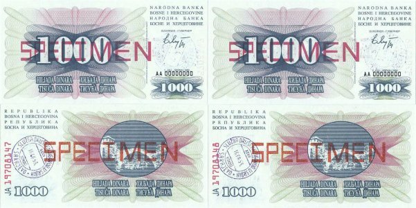 1992 (1 Iulie), 1.000 dinara (P-15s) - Bosnia și Herțegovina (×2)