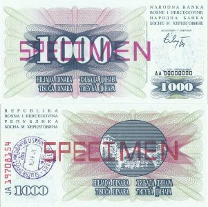 1992 (1 Iulie), 1.000 dinara (P-15s) - Bosnia și Herțegovina