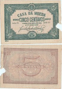 1918 (5 Aprilie), 5 centavos (P-97) - Portugalia (Lisabona)