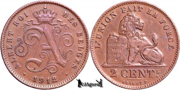 1912, 2 Centimes - Albert I - Regatul Belgiei - inscripție franceză