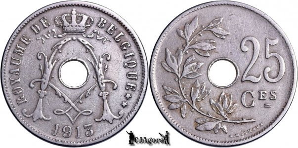 1913, 25 Centimes - Albert I - Regatul Belgiei - inscripție olandeză