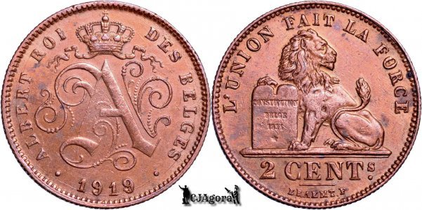 1919, 2 Centimes - Albert I - Regatul Belgiei - inscripție franceză - supradatat 9/4