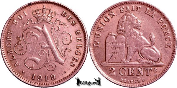 1919, 2 Centimes - Albert I - Regatul Belgiei - inscripție franceză - supradatat 9/4