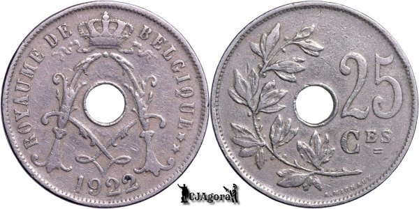 1922, 25 Centimes - Albert I - Regatul Belgiei - inscripție franceză