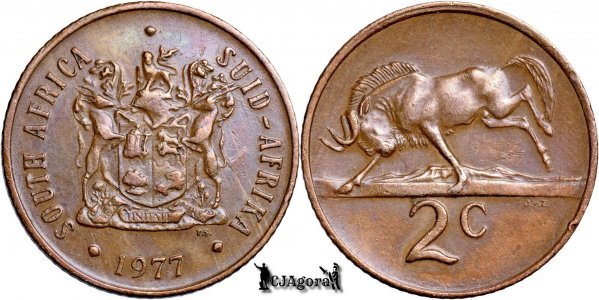 1977, 2 Cents (Hern#D67; 'T.S.') - Africa de Sud