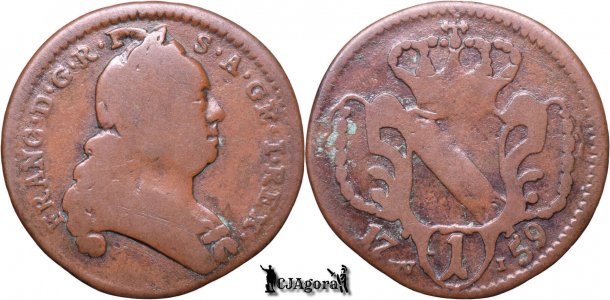 1759 WI, 1 Heller - Francisc I - Arhiducatul Austriei - var. fără punct, variație cruce