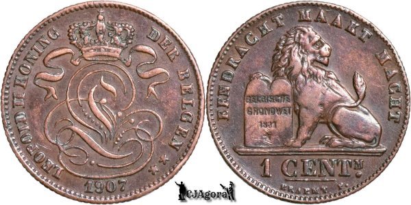 1907, 1 Centime - Leopold al II-lea - Regatul Belgiei - inscripție olandeză