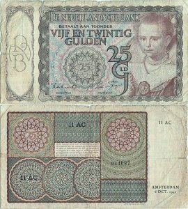 1943 (6 October), 25 gulden (P-60a.1) - Netherlands
