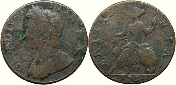 1734, ½ penny - George II - Kingdom of Great Britain