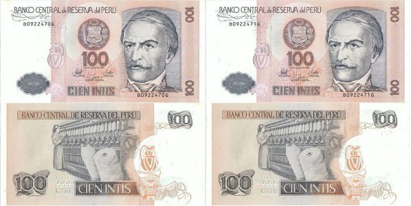 1987 (26 Iunie), 100 Intis (P-133a) - Peru (×2)