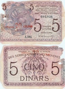 1919, 20 kron 5 dinara (P-16a) - Iugoslavia (Croația, Slovenia)